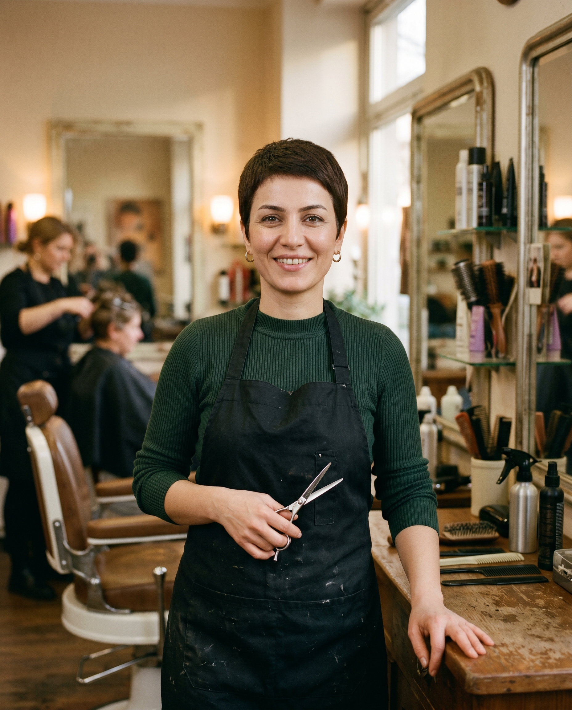 Friseurmeisterin in einem Salon mit natürlichem Licht und warmer Atmosphäre.
