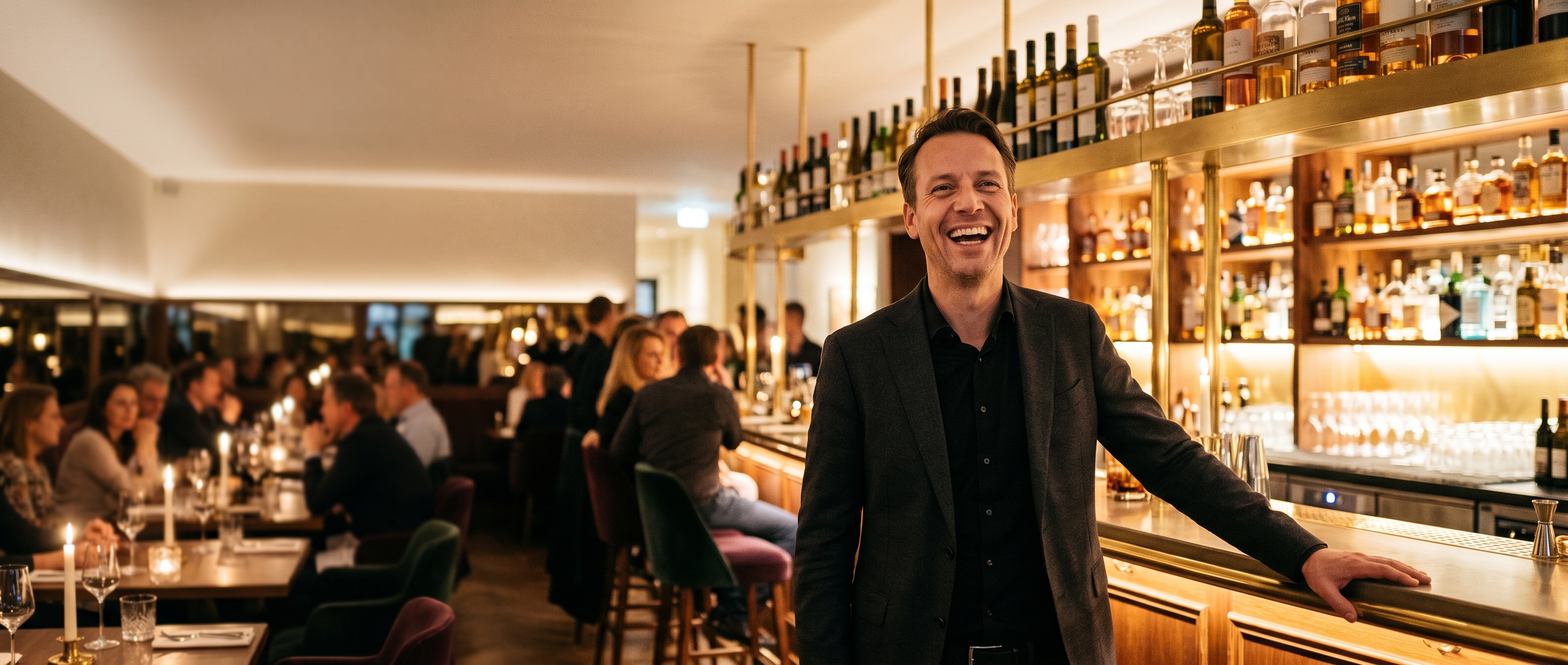 Restaurantinhaber vor einer beleuchteten Bar mit warmem Kerzenlicht und geschäftiger Abendstimmung.