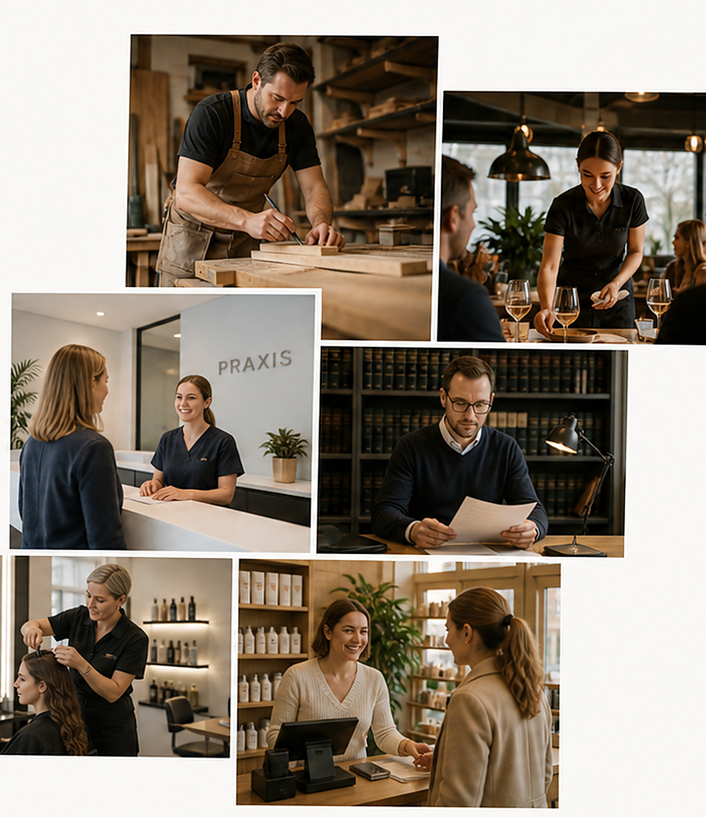 Branchen-Collage mit Handwerk, Gastronomie, Praxis, Kanzlei, Friseur und Dienstleistung