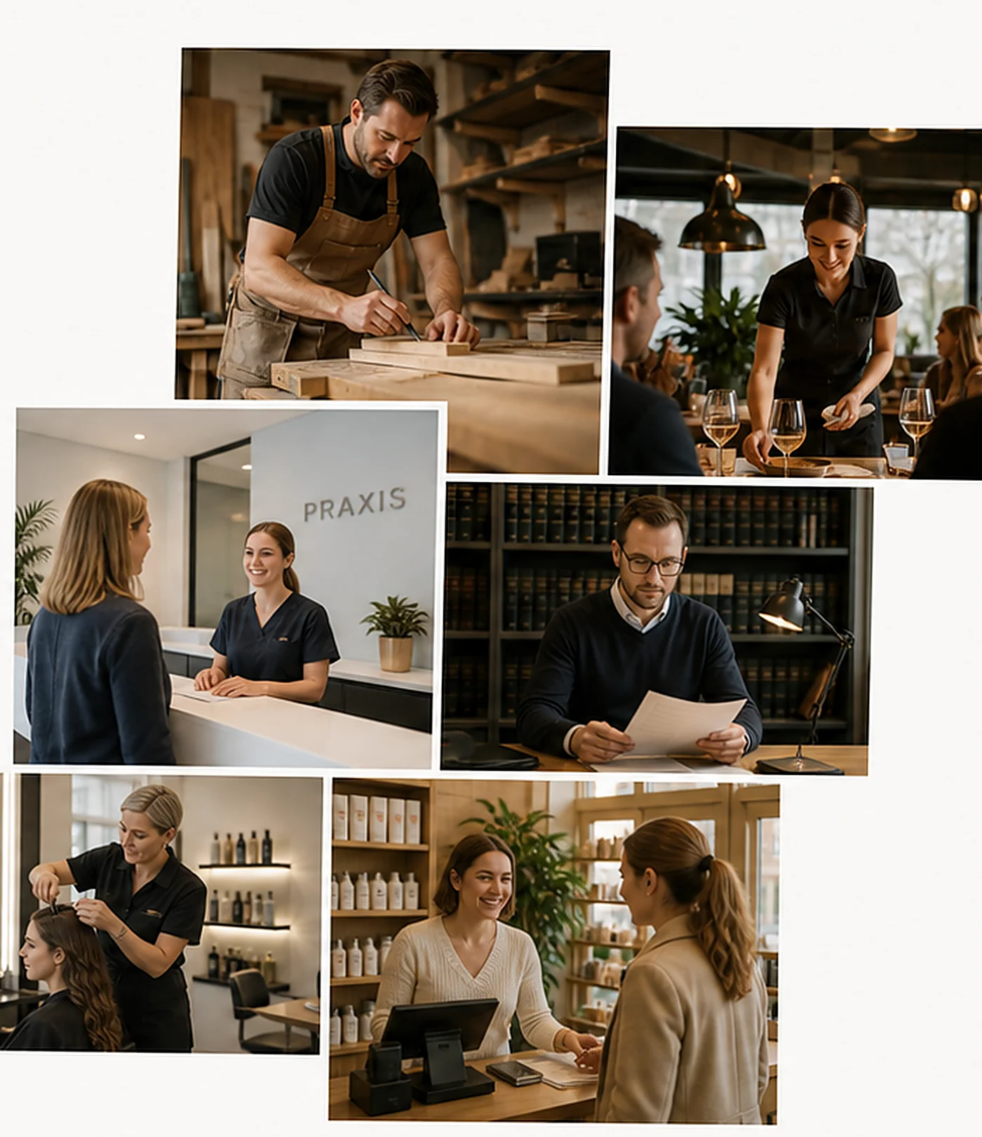 Branchen-Collage mit Handwerk, Gastronomie, Praxis, Kanzlei, Friseur und Dienstleistung
